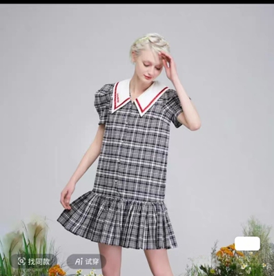 Lalabo格子A型梭织短袖连衣身裙L码全新吊牌齐全