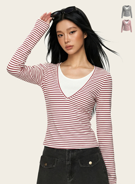Ames 美式复古设计感【拼接条纹假两件长袖】春季辣妹修身上衣女
