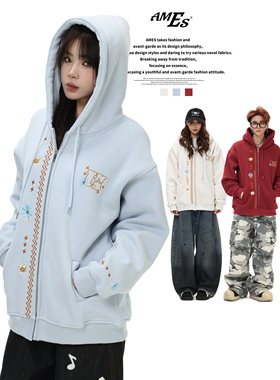 AMES 潮牌国潮美式复古「花朵刺绣羊羔毛卫衣」宽松加绒外套男女