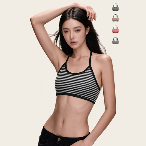 美式复古条纹挂脖修身显瘦吊带
