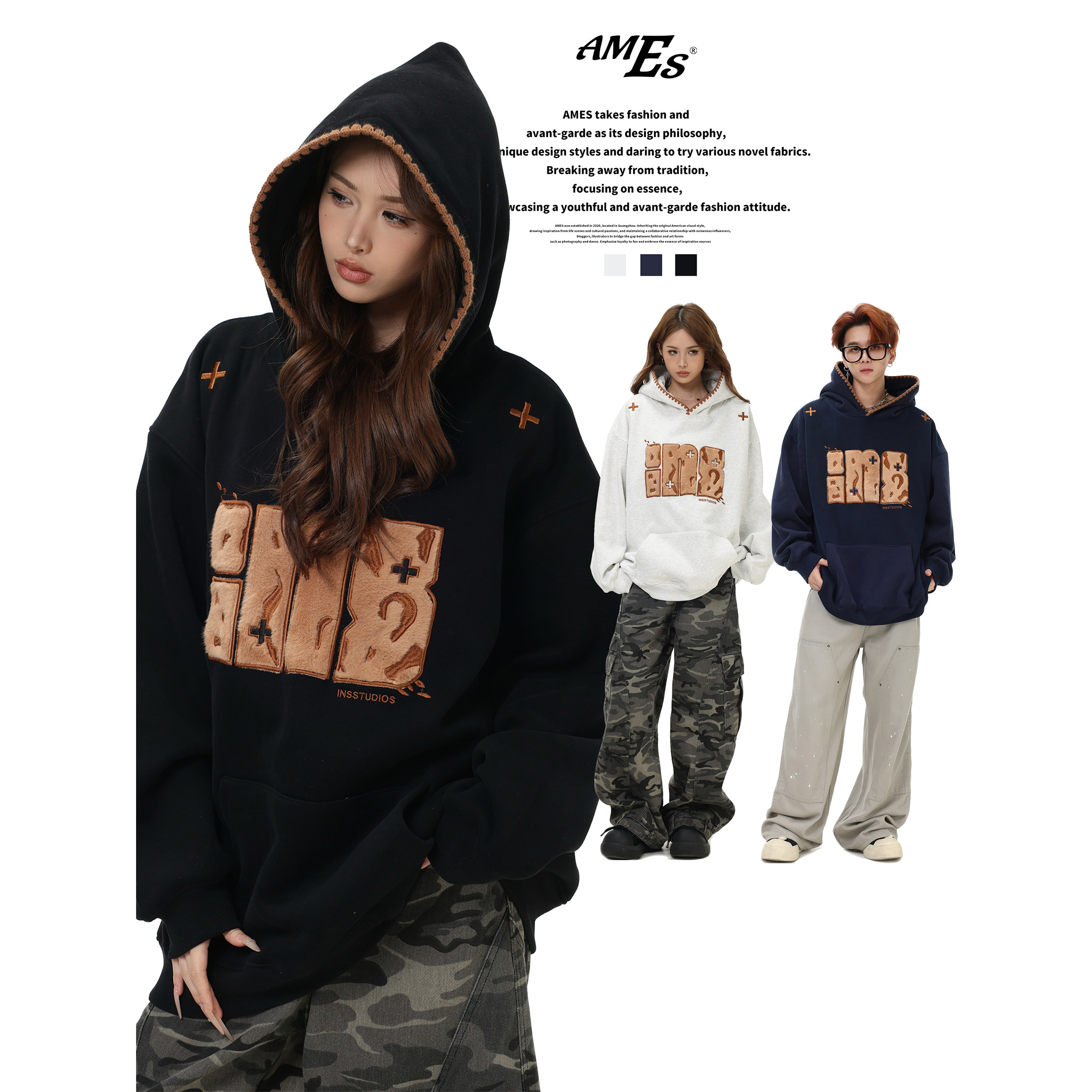 AMES豹纹贴布绣连帽卫衣