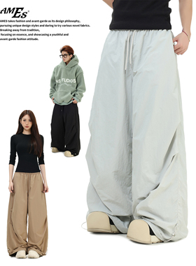 AMES 潮牌国潮情侣美式复古褶皱阔腿休闲裤宽松慵懒风运动长裤男