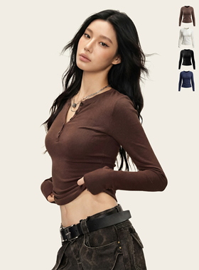 Ames 美式复古辣妹【V领纽扣加绒长袖】春季修身显瘦打底衫上衣女