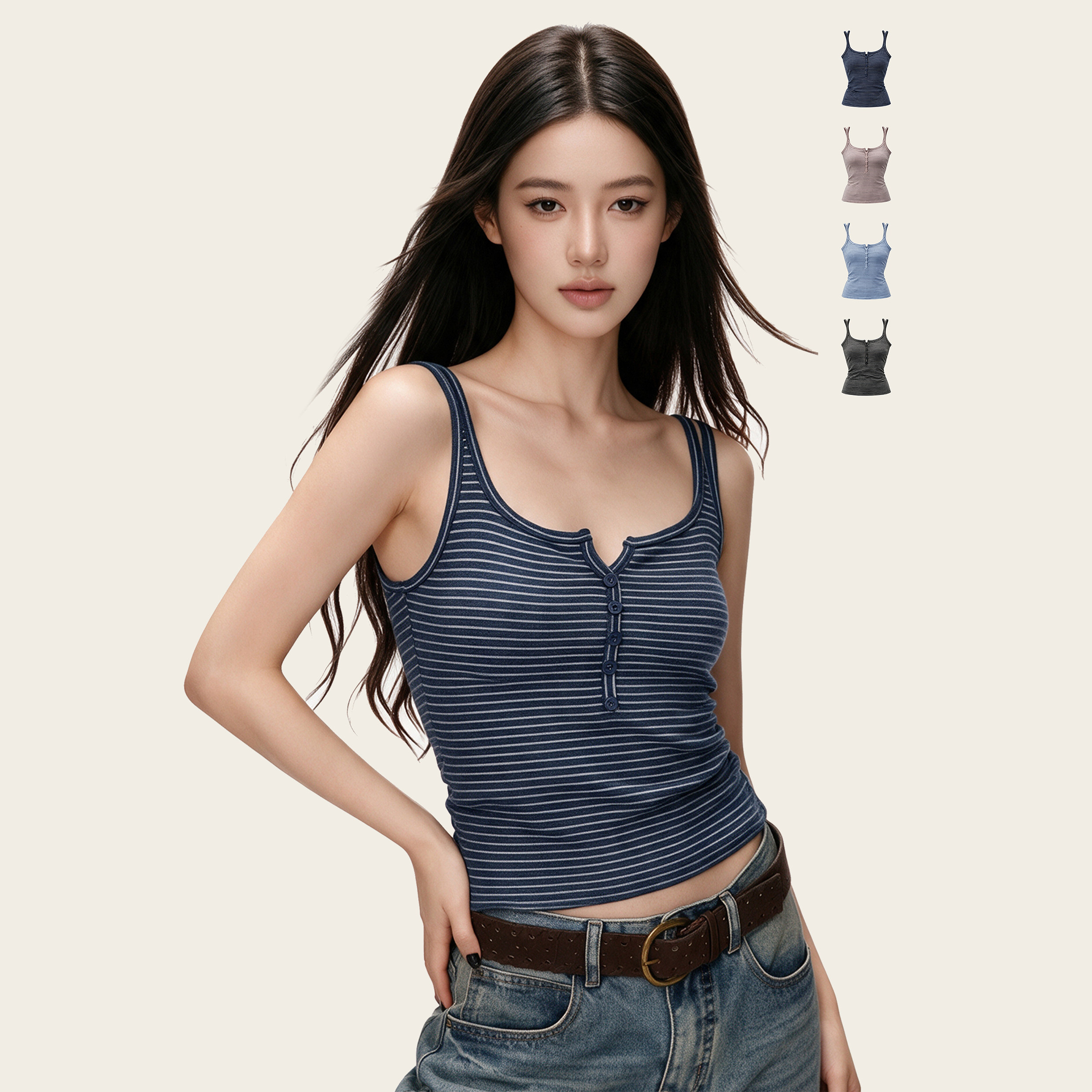 Ames 美式复古辣妹【修身条纹背心吊带】带胸垫内搭上衣外穿美背