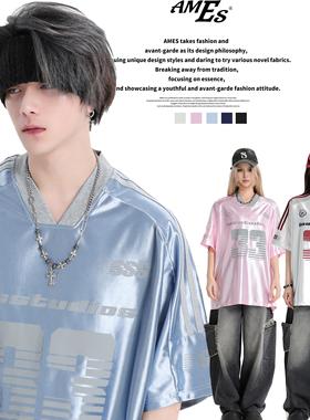 AMES 潮牌国潮情侣美式印花LOGO球衣V领冰球服运动短袖t恤男女