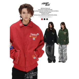 AMES 潮牌国潮美式「花卉刺绣麂皮绒棒球服」宽松休闲夹克外套男
