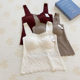 古妃3336羽毛纱磨毛法式蕾丝边一体胸垫修身内搭外穿美背吊带背心