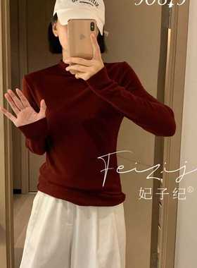 妃子纪90819长袖t恤半高领内搭打底衫秋冬款修身中领可叠穿上衣女