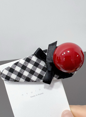 C34韩国千鸟格黑白经典格仔甜美红色圆球发夹刘海夹侧边夹发饰