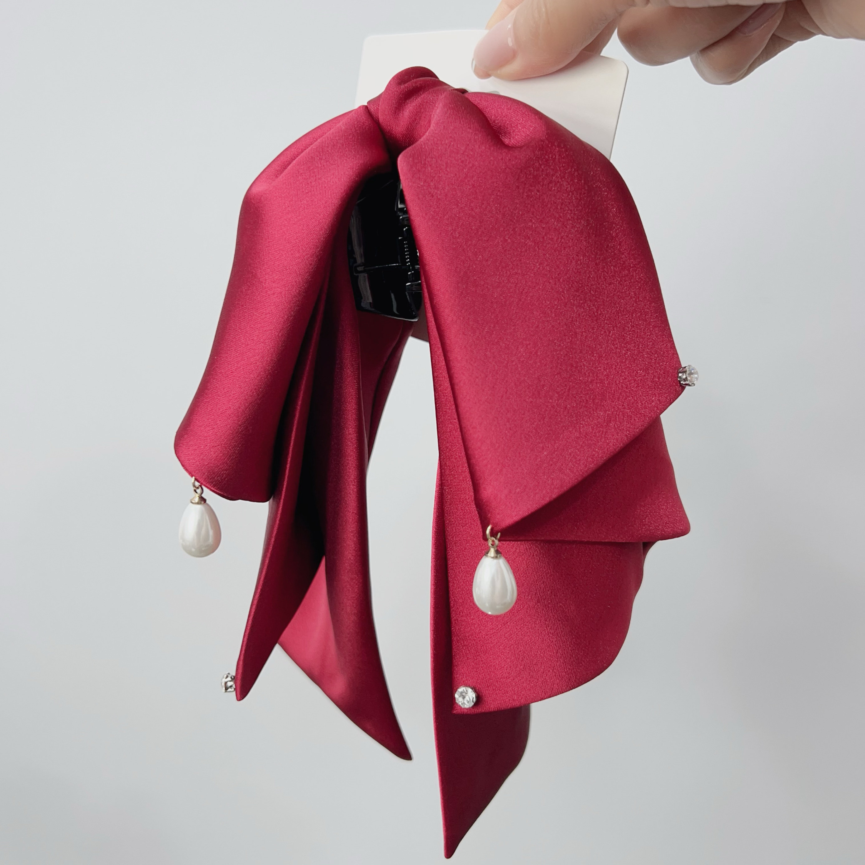 M2柜柜品质感缎面蝴蝶结酒红色珍珠抓夹飘带马尾夹发卡发饰头饰,饰品/流行首饰/时尚饰品新,发饰,淘宝优惠券,粉丝福利购,淘宝优惠卷