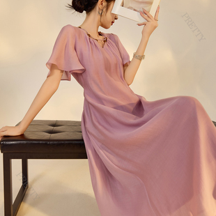 绝美天丝连衣裙高级感收腰优雅气质海边度假风长裙子 念珠 法式