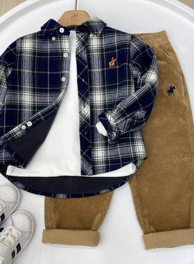 中大童宝宝秋冬休闲蓝格长袖加绒衬衫百搭翻领儿童保暖衬衣86213