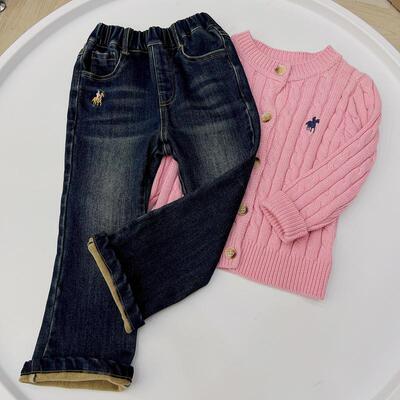 秋冬款中大童宝宝休闲加绒一体绒牛仔长裤女童喇叭牛仔裤73328