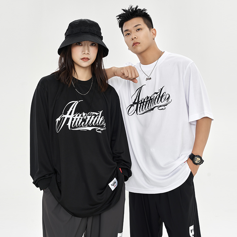 FUJAM嘻哈正能量美式花体字Attitude速干衣服宽松街舞透气长袖T恤