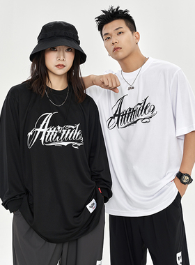 FUJAM嘻哈正能量美式花体字Attitude速干衣服宽松街舞透气长袖T恤
