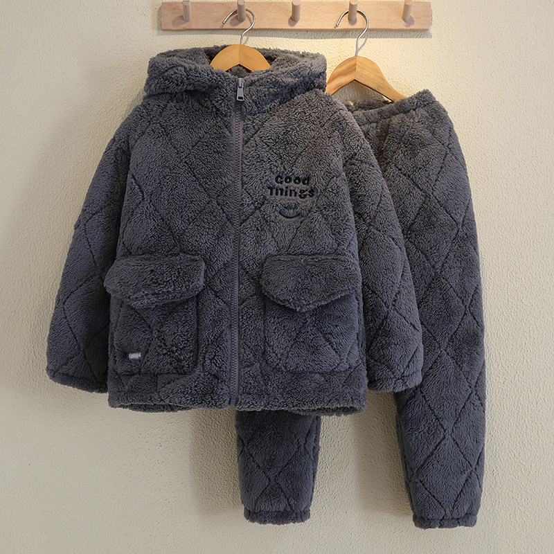 男童睡衣冬季加厚三层夹棉珊瑚绒加绒保暖法兰绒连帽家居服套装