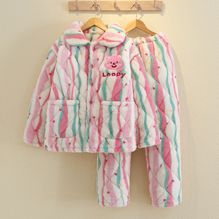 儿童睡衣女款珊瑚绒冬季三层夹棉加厚保暖2024新款家居服亲子套装