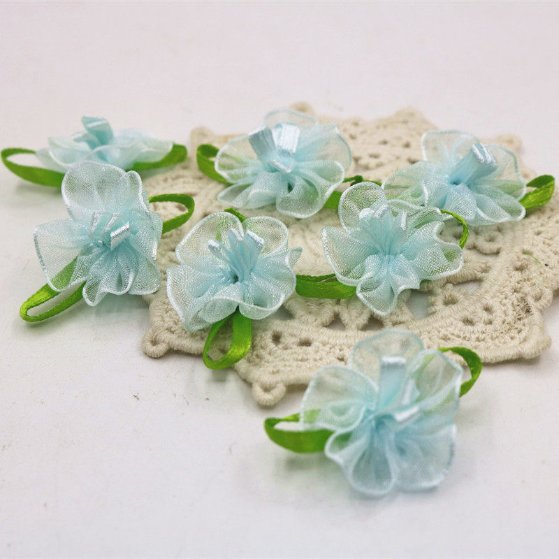 5元50枚 新款浅蓝色雪纱丝带花朵diy手工服装辅料娃衣发饰配件