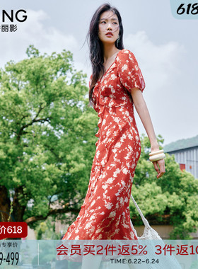 衣香丽影红色方领碎花连衣裙女2026年夏装新款氛围感法式大摆裙子