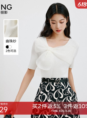 衣香丽影白色蝴蝶结短袖针织衫女2025今年秋装新款设计感开叉上衣