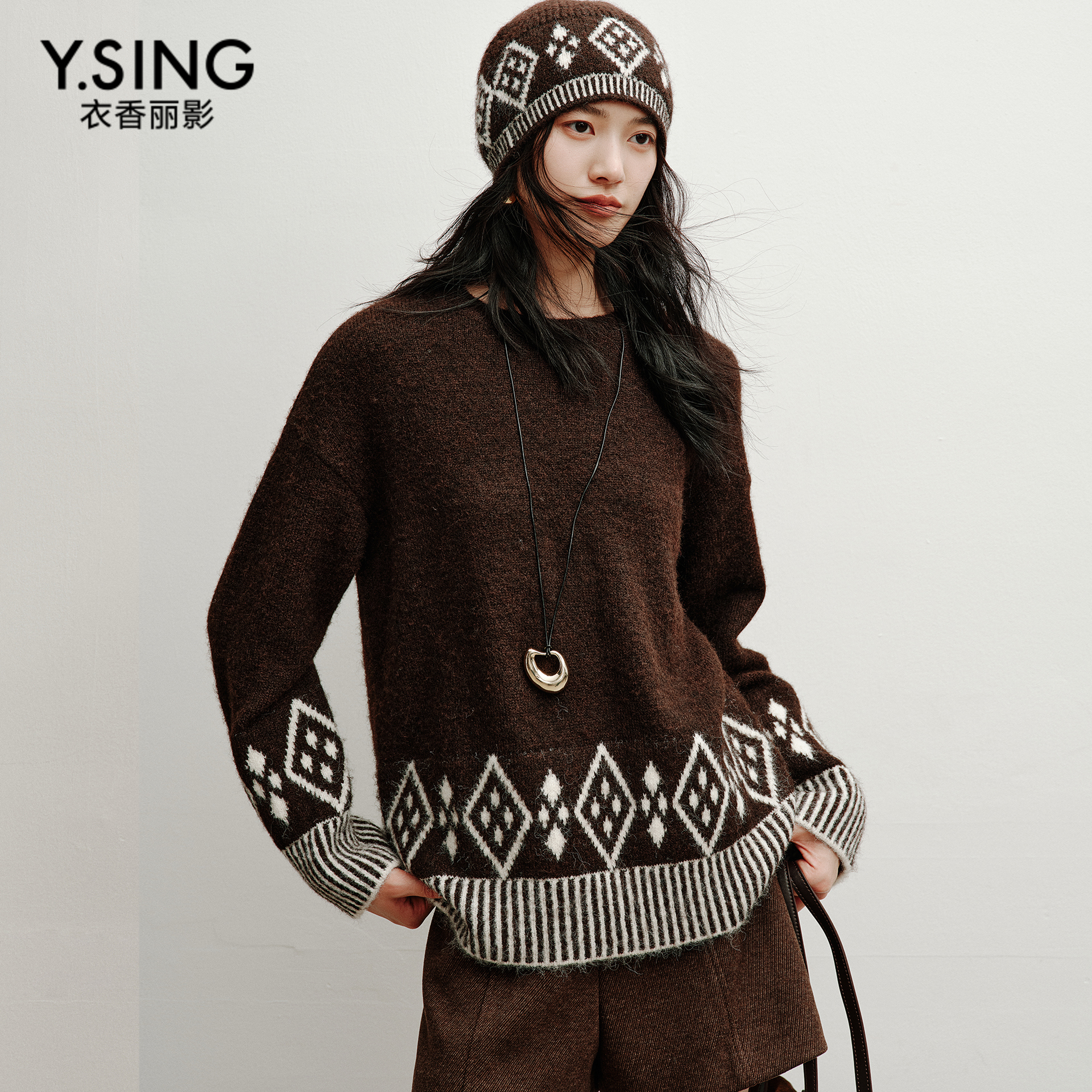 衣香丽影复古菱形格针织衫女