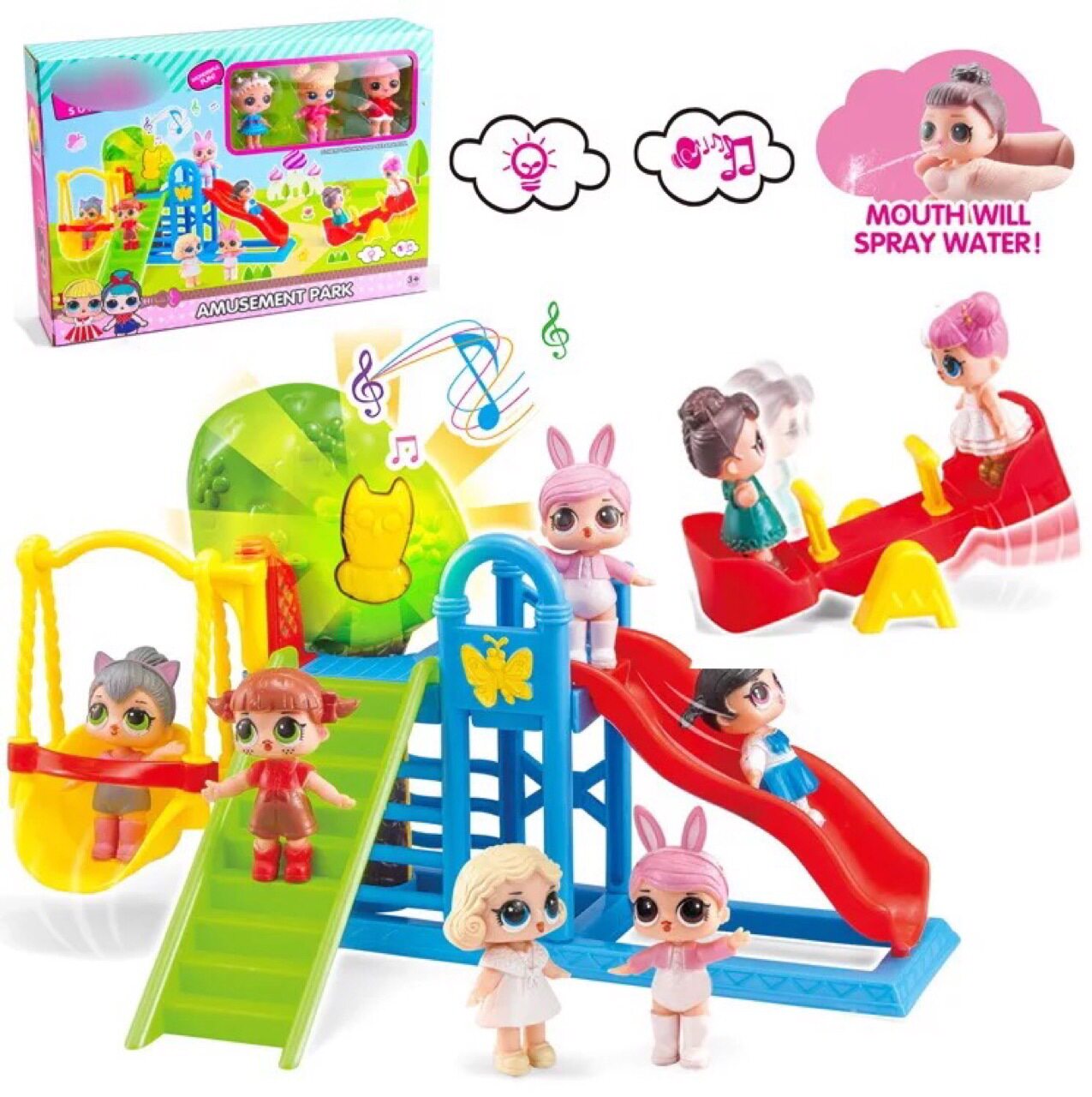 过家家女孩玩具公仔喷水娃娃翘翘板滑滑梯荡秋千游乐灯光音乐套装