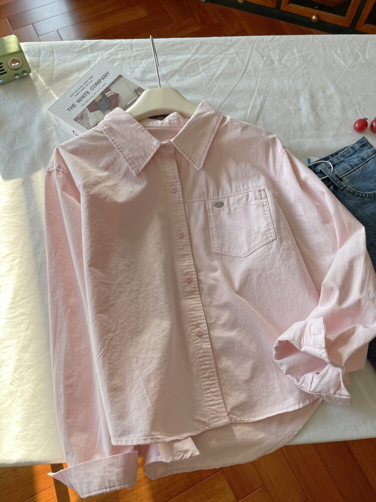 韩系减龄粉色衬衫女纯棉长袖上衣小个子短款薄外套早春秋叠穿百搭