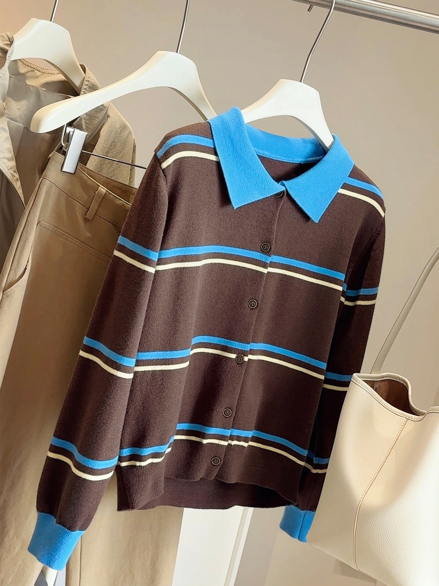 时尚休闲宽松翻领撞色高级感针织开衫外套女小个子上衣春秋冬韩系