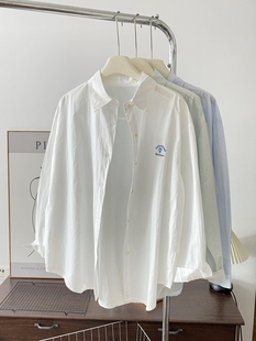 日韩系纯色慵懒风衬衫女长袖纯棉宽松上衣外套春秋夏翻领中长大款