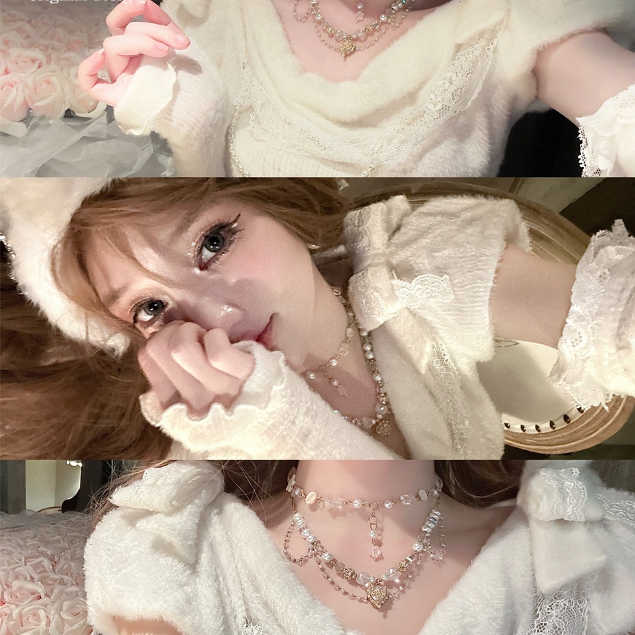 雪妮原创〈软糯甜心〉白色蕾丝荡领针织毛绒泡泡袖上衣蛋糕群套装