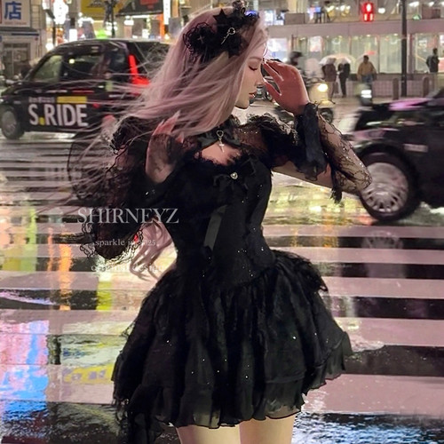 雪妮原创〈暗影蝶魅〉黑色蕾丝抹胸连衣裙修身显瘦哥特公主裙