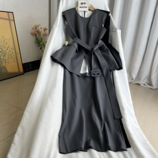 收腰上衣 无袖 高腰半裙 气质OL女主气场全开套装 倩牛高档女装