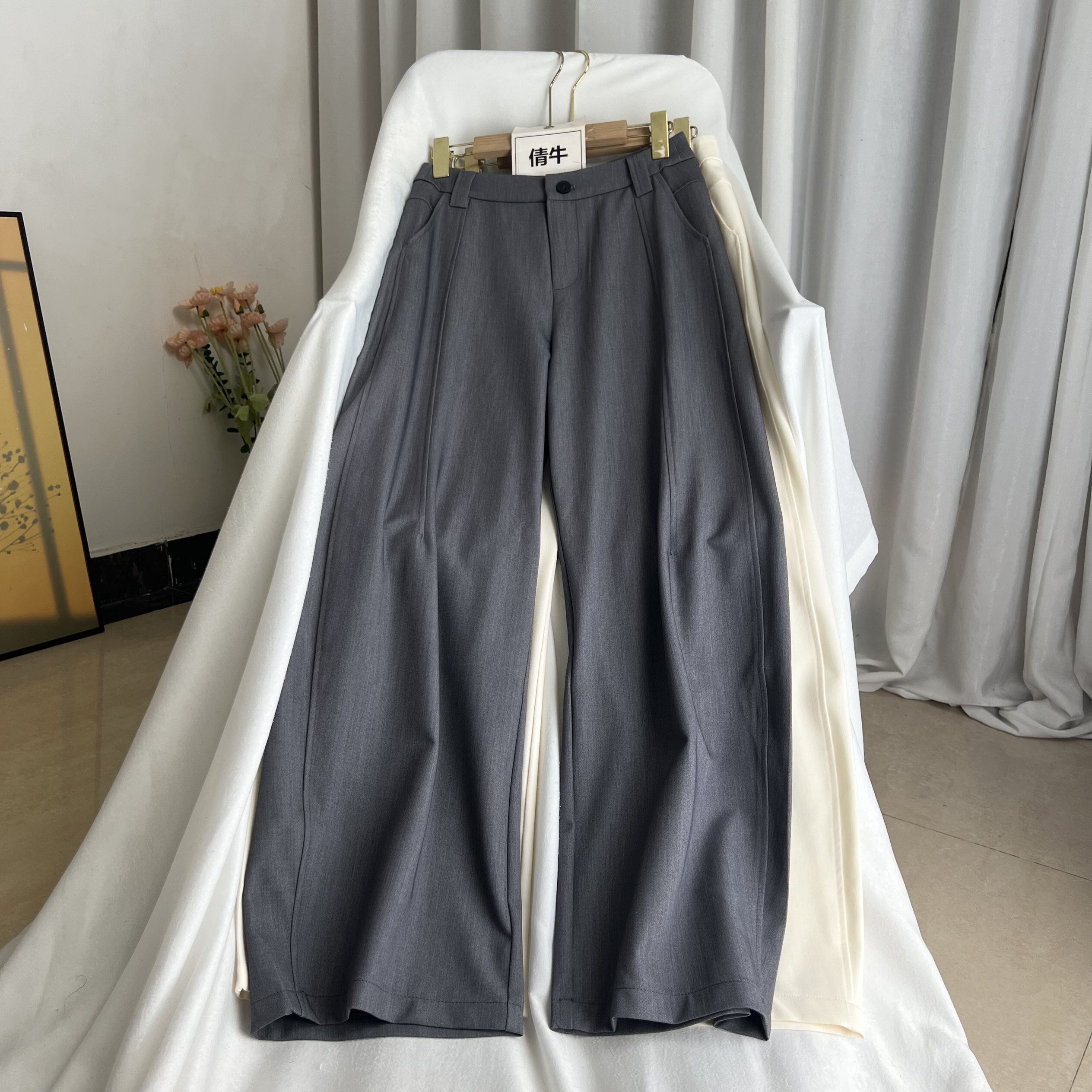 倩牛高档女装】羊毛醋酸显腿细时尚休闲弯刀设计西装裤长裤女夏款