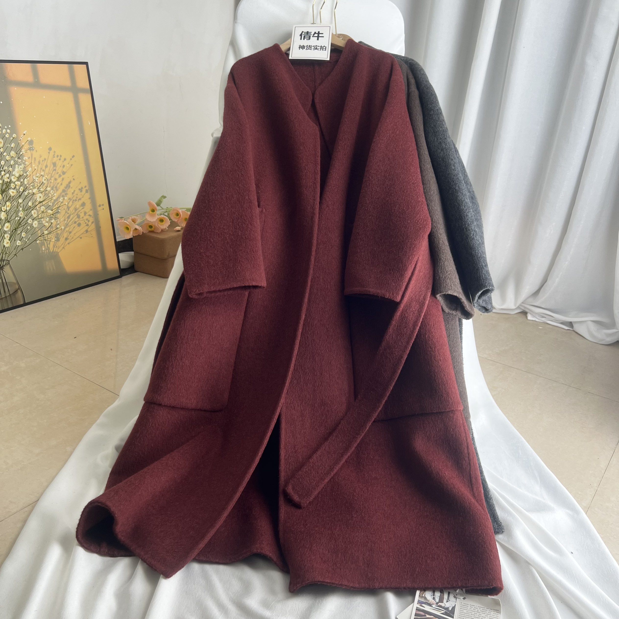 倩牛高端】5.8k羊毛羊驼蚕丝 大气精致小v领手工双面大衣外套女