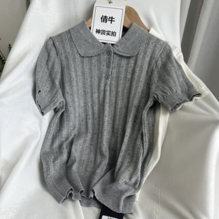 倩牛神货】大牌同款 真丝羊毛修身气质polo领短款针织衫短袖T恤女