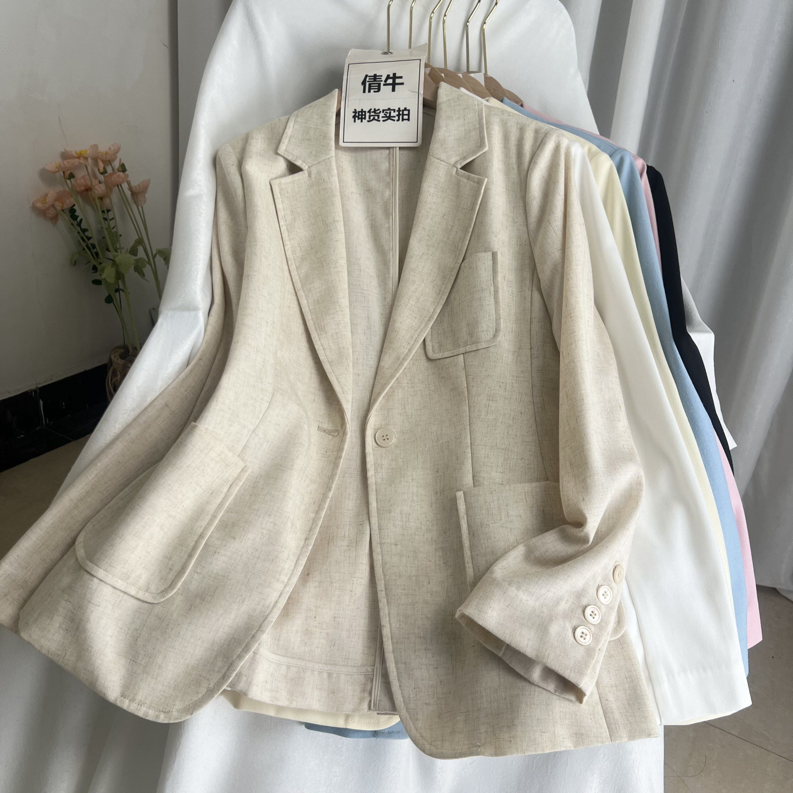 倩牛高档女装】砖柜好货】口袋装饰休闲透气亚麻西装外套女春夏款