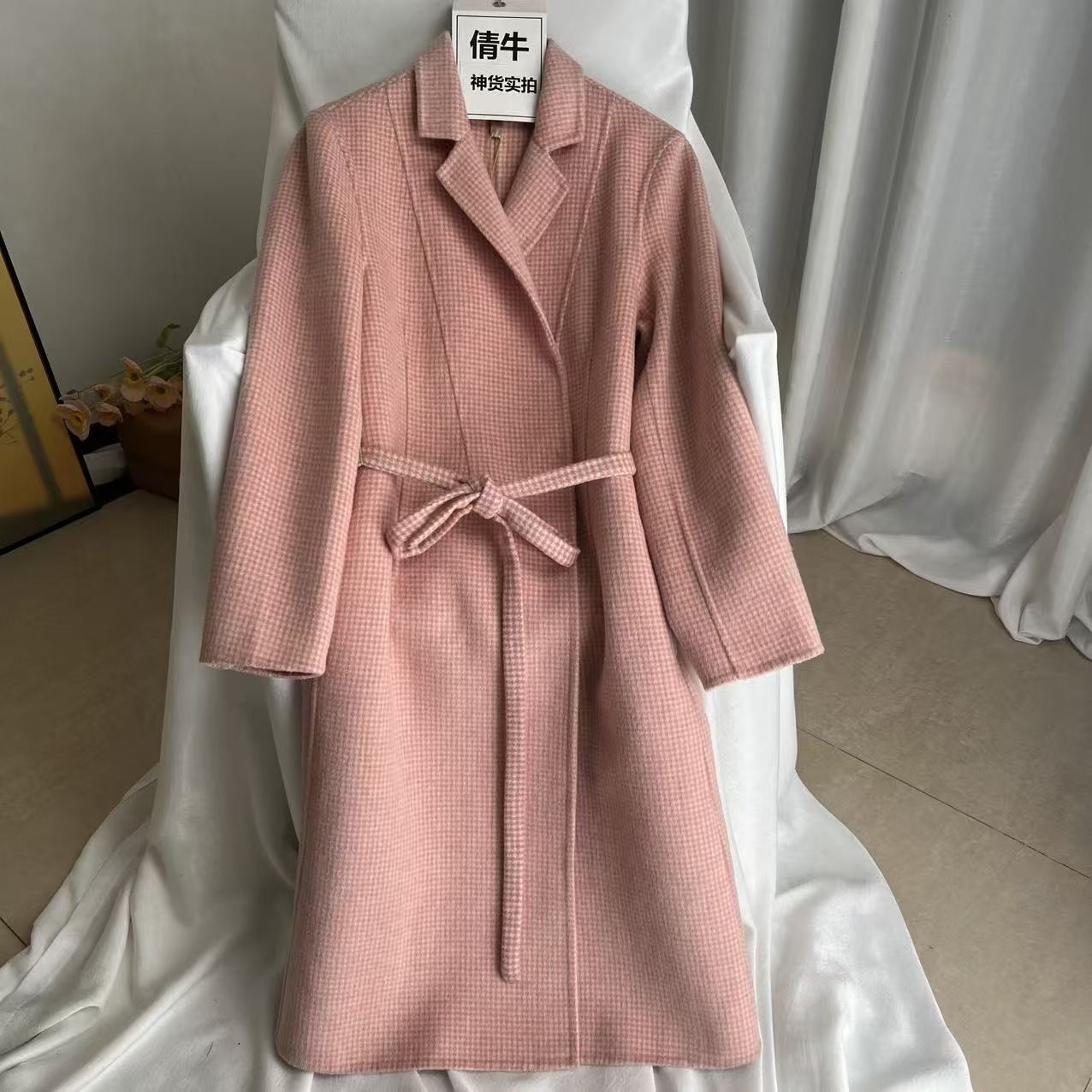 倩牛孤品特价】100羊毛 简约风粉色双面呢毛呢大衣外套女西装领