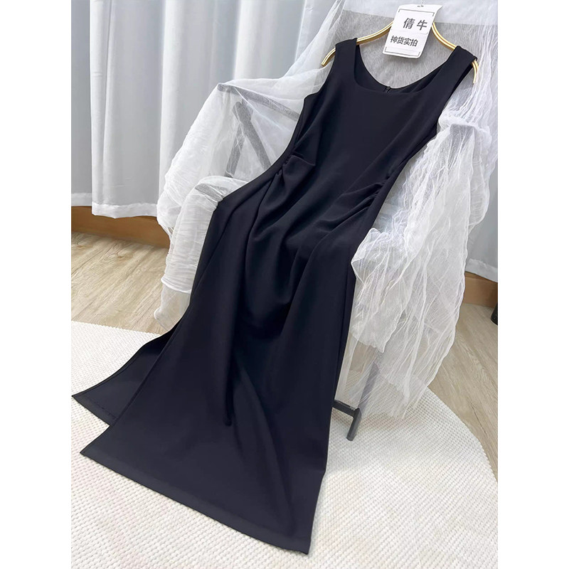 IQ倩牛】高端大牌 重磅醋酸 黑色小礼服式无袖方领连衣裙女春夏款