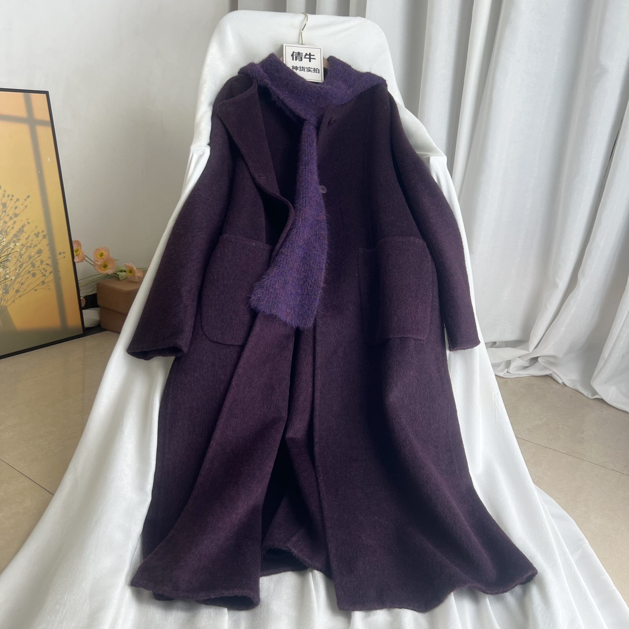 高端神货】天丝羊毛高级感紫色加长款宽松双面手工大衣外套配围巾