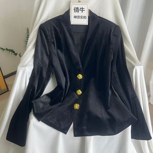 外套女 高档醋酸丝绒气质收腰无领西装 倩牛高端 柜牌2025秋冬新品