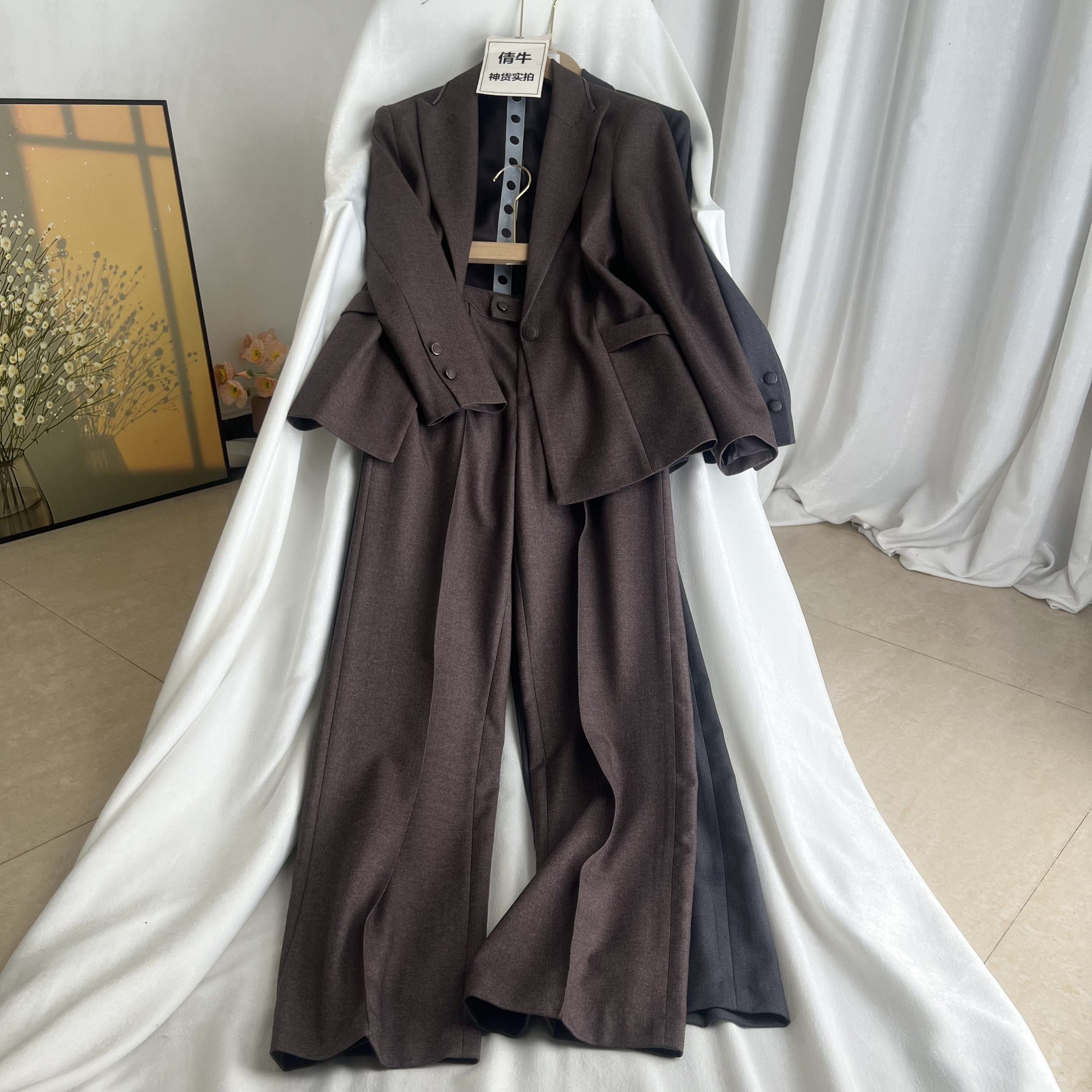倩牛高端女装】复古通勤宽松西装套装女高级感职业阔腿西裤两件套