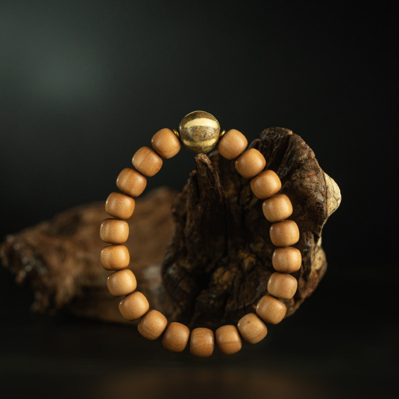 文玩精品天然印度老料黑肉山檀桶珠配千年邦提克木化石老天珠手串