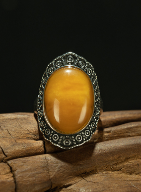 天然欧洲进口〓波兰纯银镶嵌暴力鸡油黄蜜蜡戒指指环藏饰品收藏品