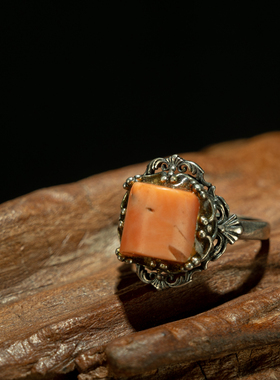 藏传老饰品〓绝美藏工镶嵌天然高密巧粉色多宝老料戒指藏戒手饰品