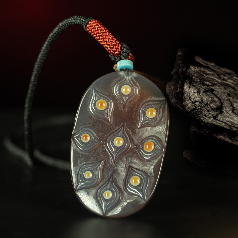 藏传衍生老天珠 天然九眼页岩石雕般若法眼九眼天眼图腾板珠挂件