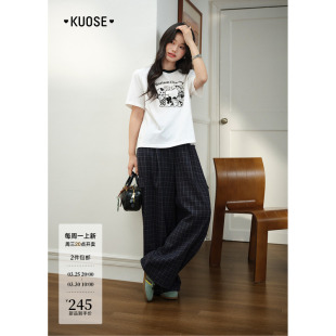 气质直筒阔腿裤 阔色深蓝色复古格纹工装 新款 女2026春季 秋冬 休闲裤