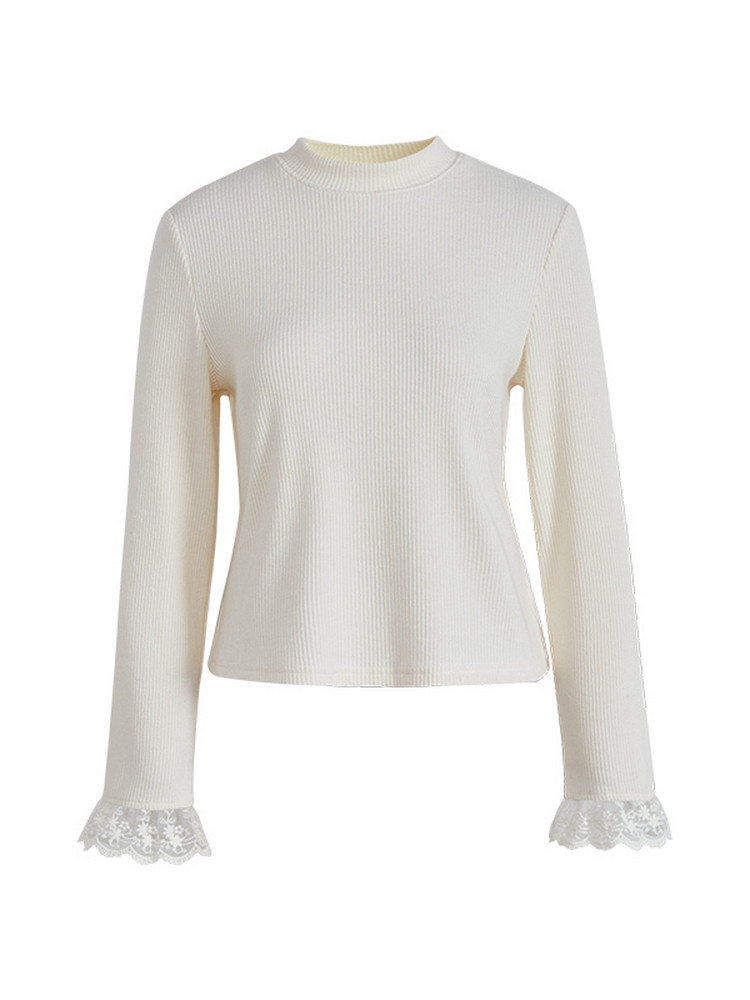 Cream ribbed long-sleeve top with lace-trim cuffs on a white background