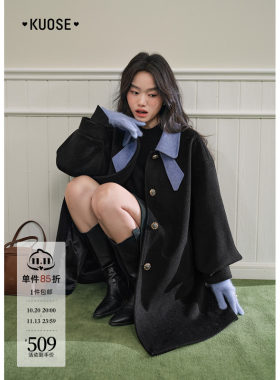 娃娃领黑色毛呢外套短款女装
