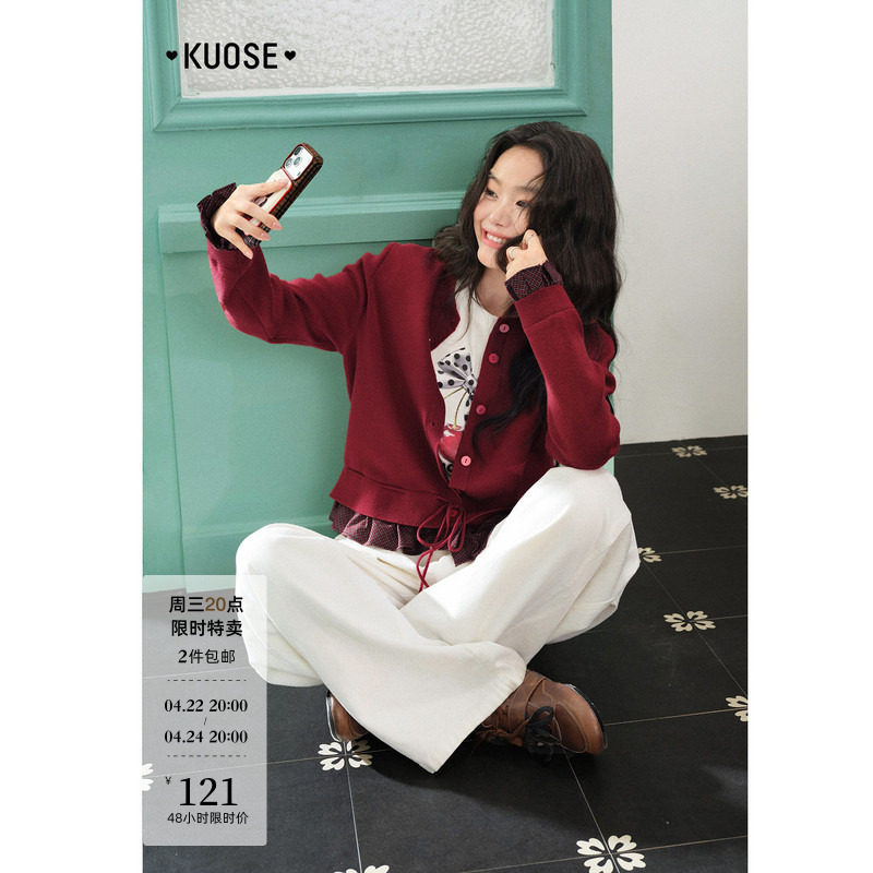 阔色红色格子假两件针织衫开衫毛衣过年穿搭26春季新款女上衣秋冬