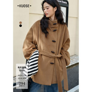 阔色棕色立领牛角扣呢子大衣女2025秋冬季 美拉德收腰毛呢外套 新款